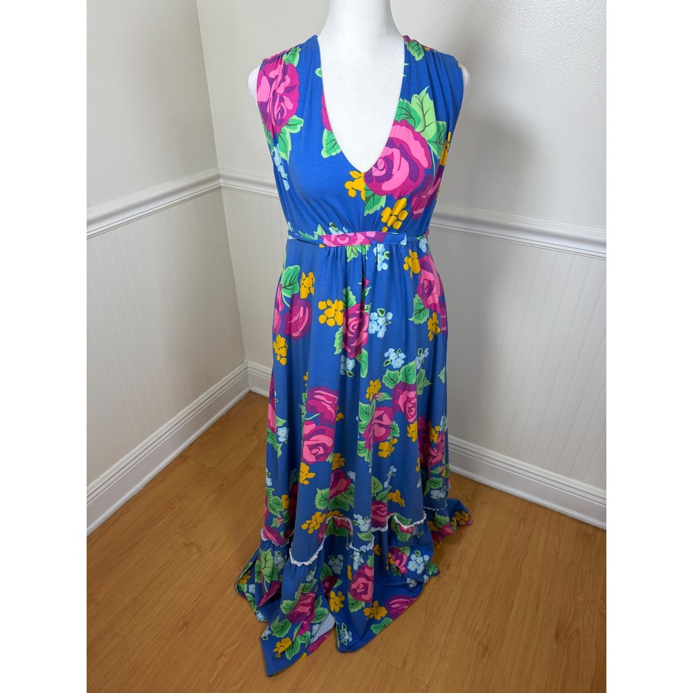 Matilda Jane Floral Maxi Dress Women Size M Blue‎ Pink V-Neck Tie Back Pockets